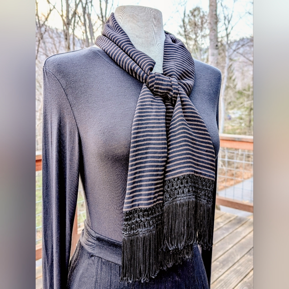 Gorgeous  Formal Striped Silky Scarf with Intricate Fringe